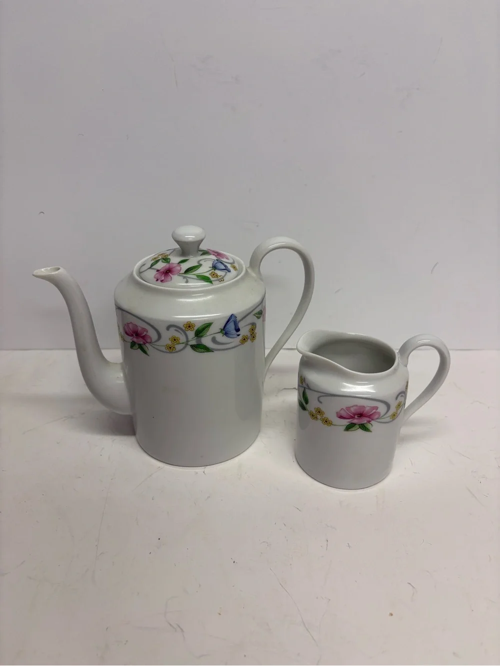 Vintage Limoges France Porcelain Floral Teapot and Creamer Set 2